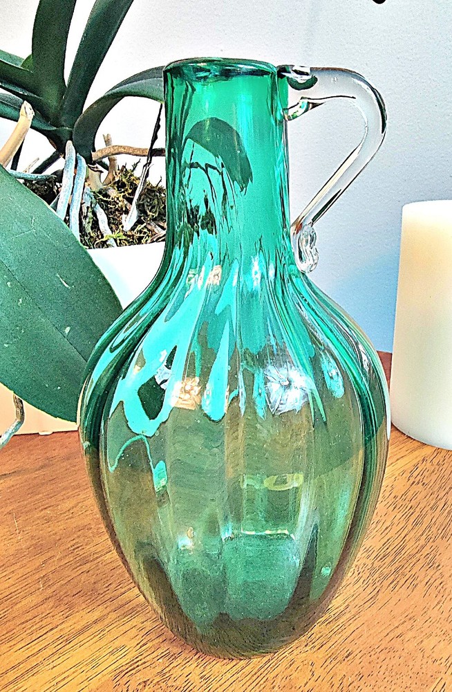 Vintage MCM Mid Century Blown Glass Wine Bottle Decanter Jug Green W/Handle