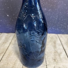 VTG Cobalt Blue European Wine Bottle With Embossed Grapes And Leaves 12.3”