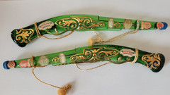 SET OF 2 VINTAGE 17”- “CHIANTI” GREEN/GOLD GLASS PISTOL DECANTERS-EMPTY