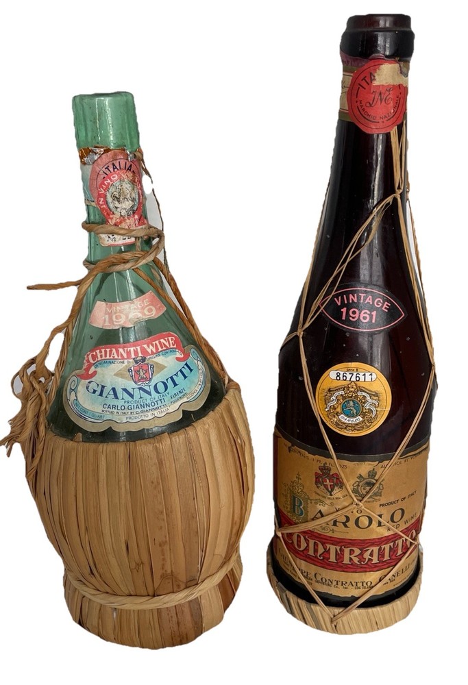 Lot of 2 Vintage Straw Wrapped Glass Wine Chianti Bottles ‘61 & ‘69 Bar Decor