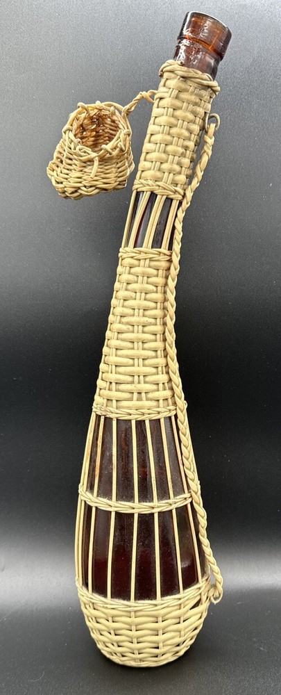 Vintage Brown Glass Wine Bottle Curved Long Neck Wood Base Vinyl Wicker 17.5”H