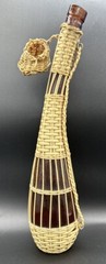 Vintage Brown Glass Wine Bottle Curved Long Neck Wood Base Vinyl Wicker 17.5”H