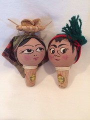 Vintage Wood Wine Bottle Cork Stopper Pair Souvenir Portugal Hand Painted