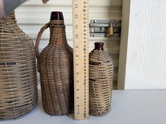 6 Bottles Antique Wicker Wrapped Glass Bottles Lot Handles Tall French Farmhouse