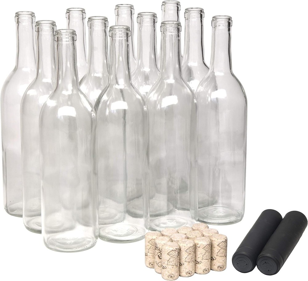 750ml Glass Bordeaux Wine Bottles, Flat-Bottom, with Corks & Shrink Capsules, 12