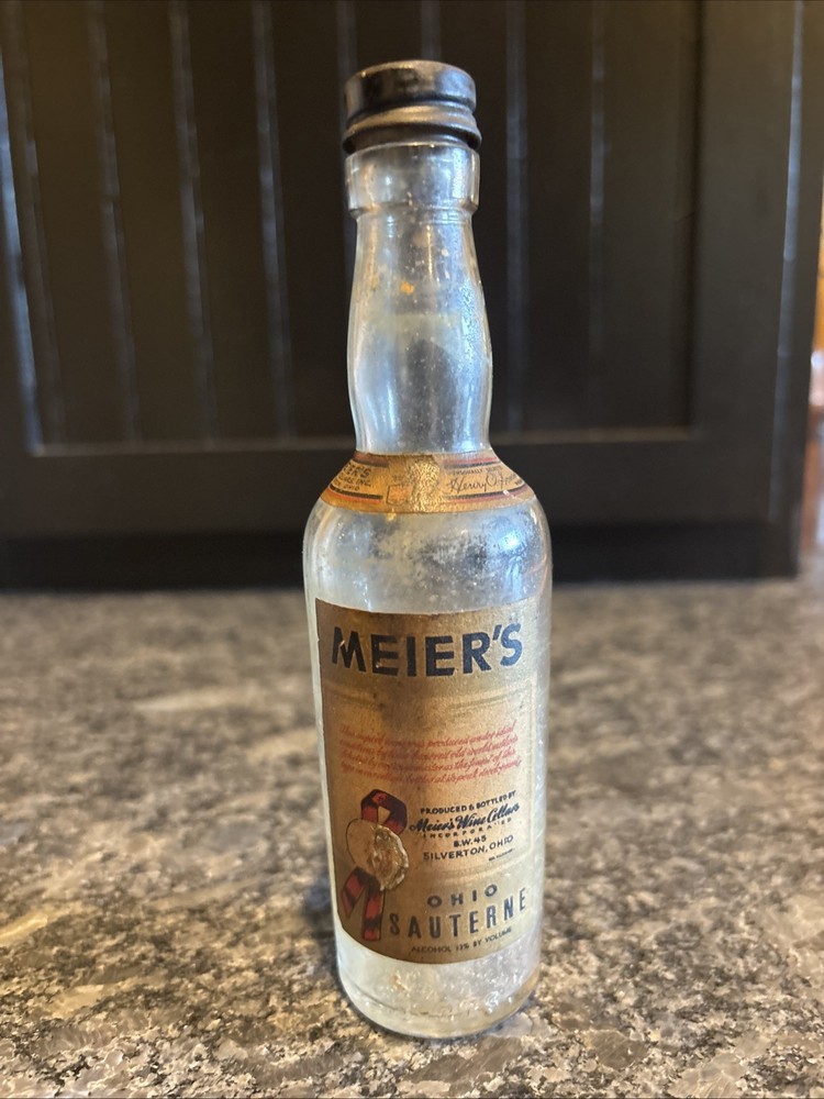 Meier’s Mini 3 Oz Wine Bottle Ohio Sauterne With Paper Label And Embossed Grapes