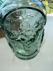 Set Of 3 Glass Embossed Grape Motif WINE Bottles With Basket Corks 7.75” To 9.5”