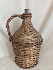 Vintage French Glass Demijohn Wine Bottle Wicker Rattan, 13” Tall