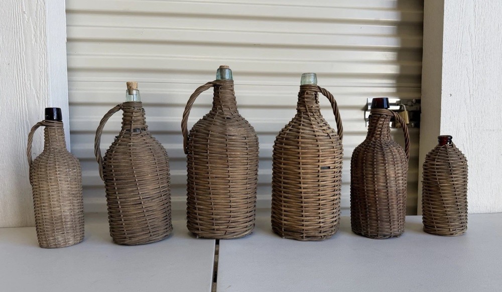 6 Bottles Antique Wicker Wrapped Glass Bottles Lot Handles Tall French Farmhouse