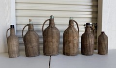 6 Bottles Antique Wicker Wrapped Glass Bottles Lot Handles Tall French Farmhouse