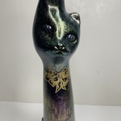 Happy Cat Wine Bottle Black With Gold Bow Riesling 13&Prime; Empty