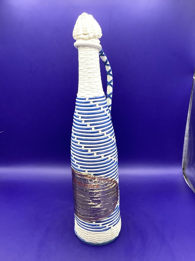 Vintage Glass Wine Bottle Blue Wicker Wrapped w Lid Spanish Spain Bar Décor ‘64