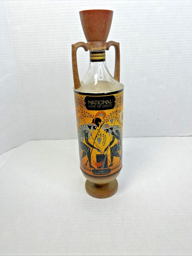 Vintage Greek Wine Bottle Amphora Style National Wine Faux Wood Frame Greece