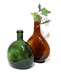 Vintage Glass Wine Bottles Brown Amber Flask & Green Mateus Set 2