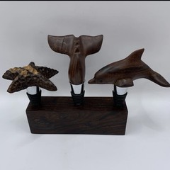 Hand Carved Wine Bottle Stopper SET Of 4 Dolphin Starfish Whale Tail Handcrafted
