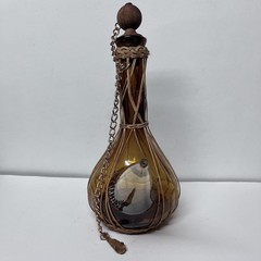 Vintage 10 1/4” Amber Glass Wine Decanter W Spout Rattan Trim & Wood Stopper