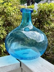 Demijohn Studio Blown Glass bottle Crackled Bottom Blue LARGE 12” tall