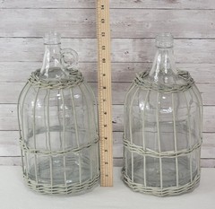 Vtg Pair 1 Gallon Glass Jugs Wicker Basket Wrap Demijohn Bottles Boho Farmhouse