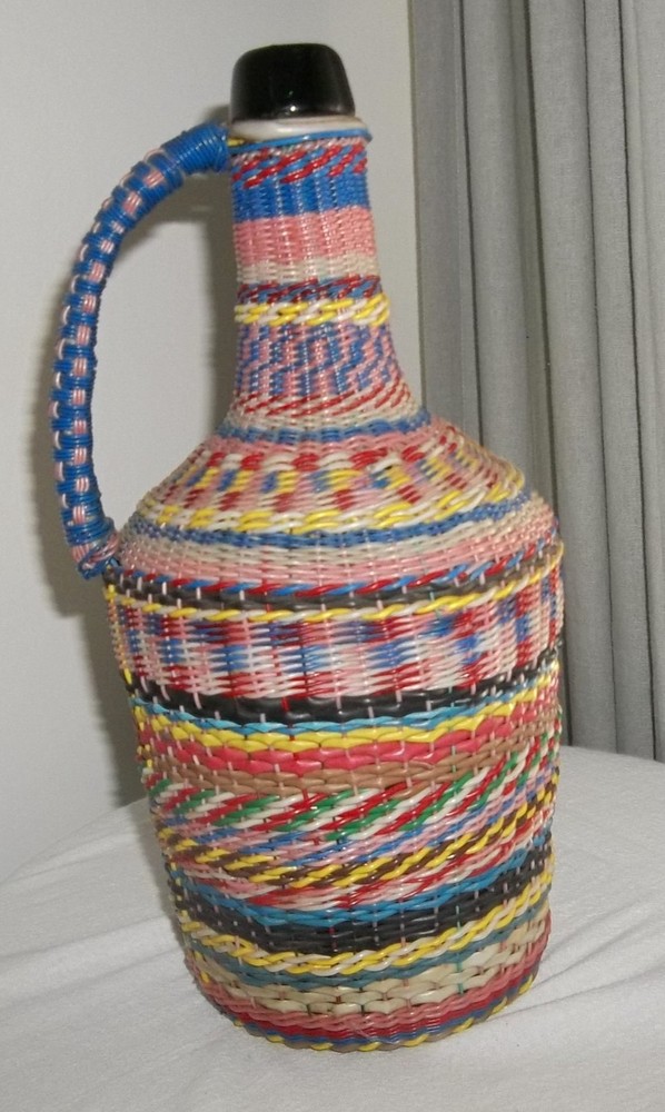 Vintage COLORFUL Plastic Wicker Wrapped Glass Bottle Handled Decanter