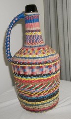 Vintage COLORFUL Plastic Wicker Wrapped Glass Bottle Handled Decanter