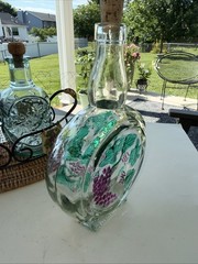 Set Of 3 Glass Embossed Grape Motif WINE Bottles With Basket Corks 7.75” To 9.5”
