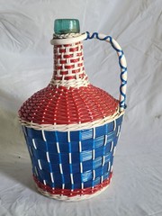 Vintage Viresa Demijohn Wine Bottle Scoubidou Woven Plastic Wicker Jug 1L 1960s