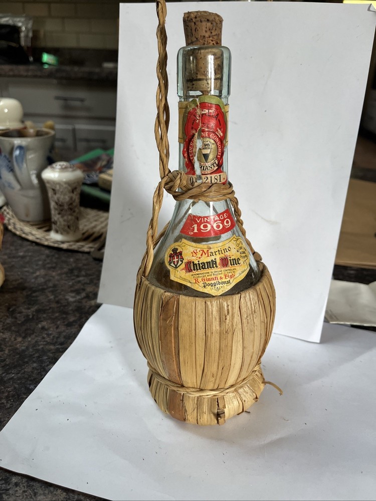 VINTAGE Empty 1969 Chianti Wine Bottle With Rattan Wrap 9.5” Bottle!