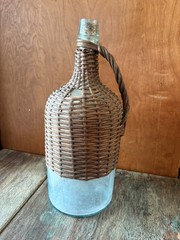 Vintage French Wicker & Aqua Glass Demijohn With Handle