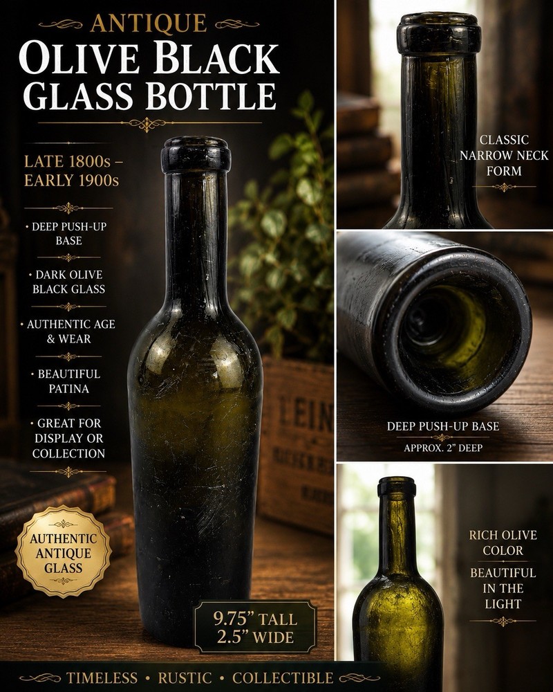 Antique Olive Black Glass Wine Bottle Deep Push Up Base Primitive 9.75”