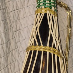 MCM 17in Scoubidou Woven Wicker Demijohn Wine Bottle Metal Handle Spain wood