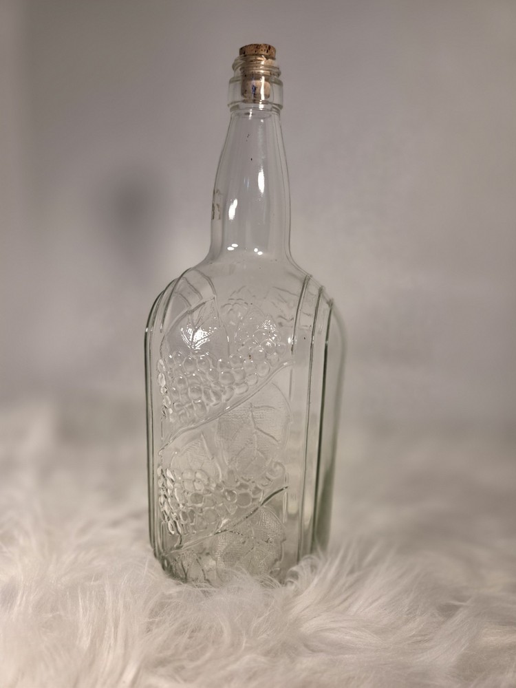 Vintage Clear Wine Bottle With Cap Embossed With Grapes and Vines Half gallon.