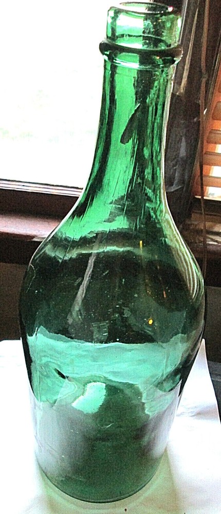 VINTAGE EMERALD GREEN CORK TOP SEAMED MAGNUM WINE, 16 3/8&Prime; X 5 3/4&Prime;, EMPTY USED