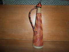 16  » Vintage Wine Bottle, Glass Wrapped -w- Woven Plastic Cord -w- Handle Red 1