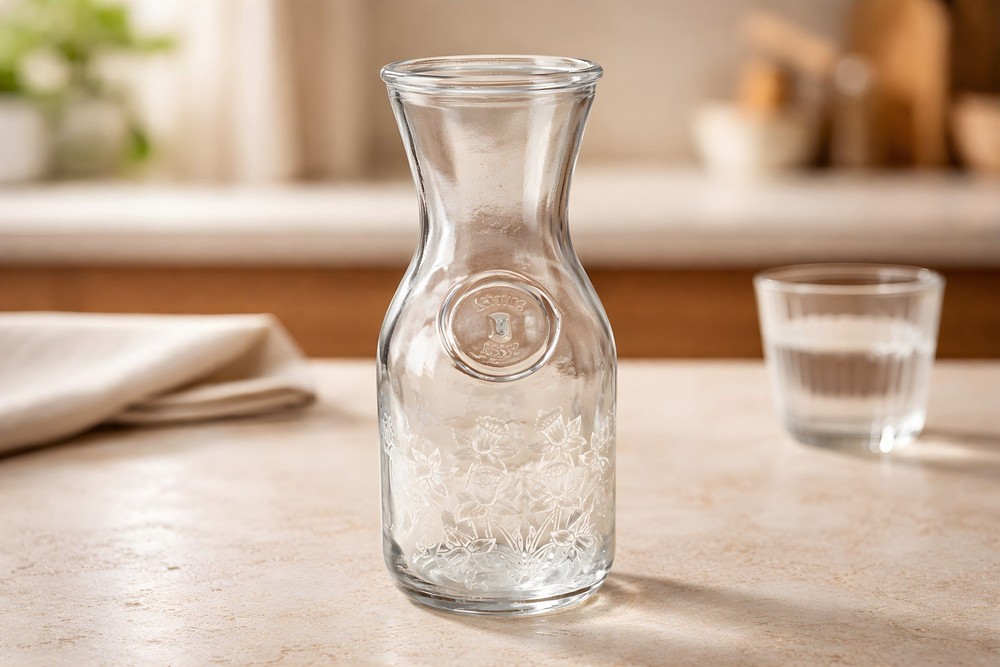 A Vintage Norman Korsarin etched glass carafe for Paul Masson.