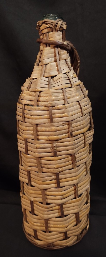 Antique Aqua Green Rattan Wrapped Glass Demijohn Bottle 16&Prime; Jug Wicker Woven A+!