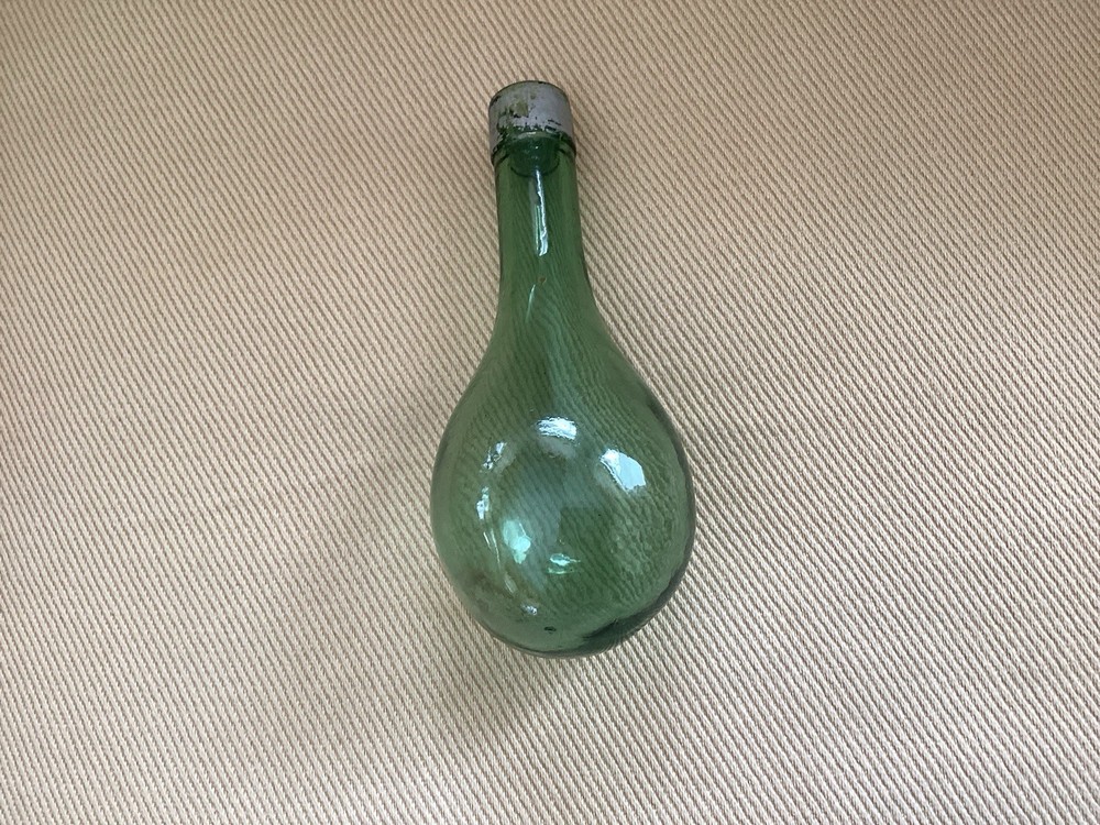 Antique Hand Blown Green Glass Wine Bottle Round Bottom 6 1/2”