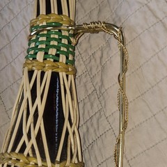 MCM 17in Scoubidou Woven Wicker Demijohn Wine Bottle Metal Handle Spain wood