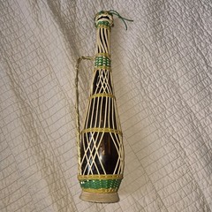 MCM 17in Scoubidou Woven Wicker Demijohn Wine Bottle Metal Handle Spain wood