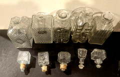 5 Old MCM 1960s Square Clear Glass Bar Liquor Bottles Bourbon Tag