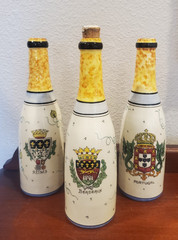 3 DECORATIVE Wine Bottles Hand Painted CHAMPAGNE REIMS PORTUGAL Bordeaux FRANCE