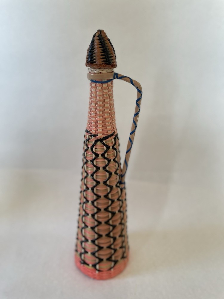 Vintage Viresa Plastic Wicker Wrapped Wine Bottle Boho Chic Spain colorful 15&Prime; H