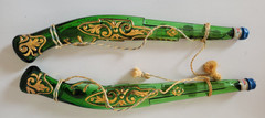 SET OF 2 VINTAGE 17”- “CHIANTI” GREEN/GOLD GLASS PISTOL DECANTERS-EMPTY