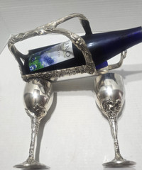 Vtg GodInger Silver Wine bottle Holder/Extender Two Matching Goblets