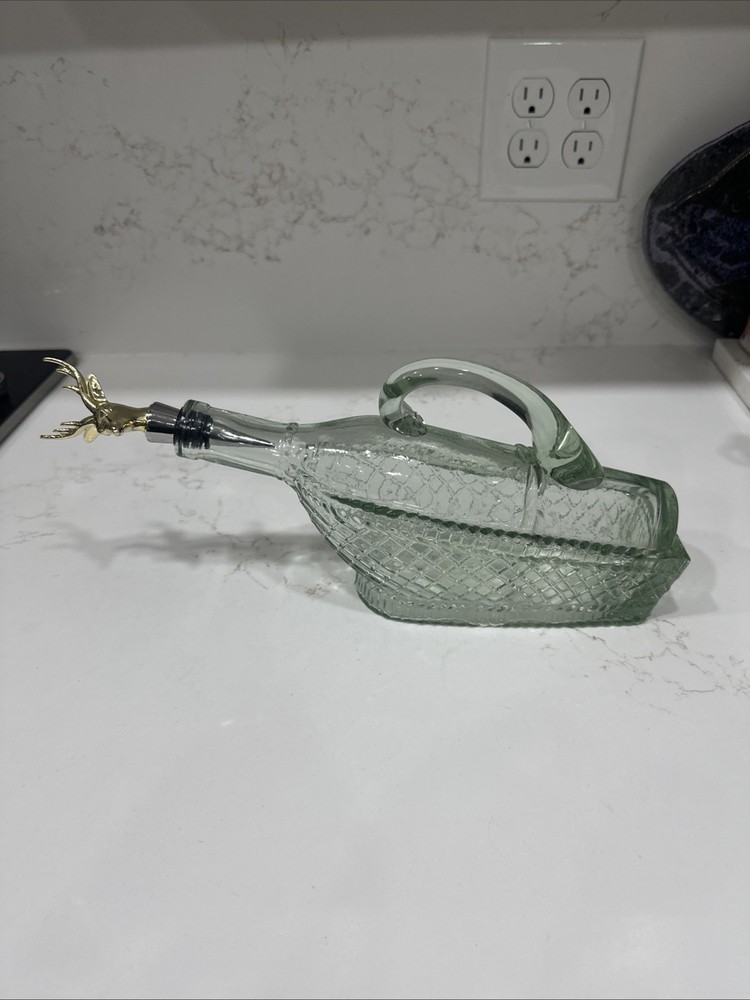 Vintage Wine Bottle Decanter Basket Pattern Greenish Hue With Deer Stopper