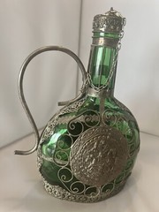 ANTIQUE 9.5” FILIGREE Wrapped Emerald GREEN GLASS Decanter