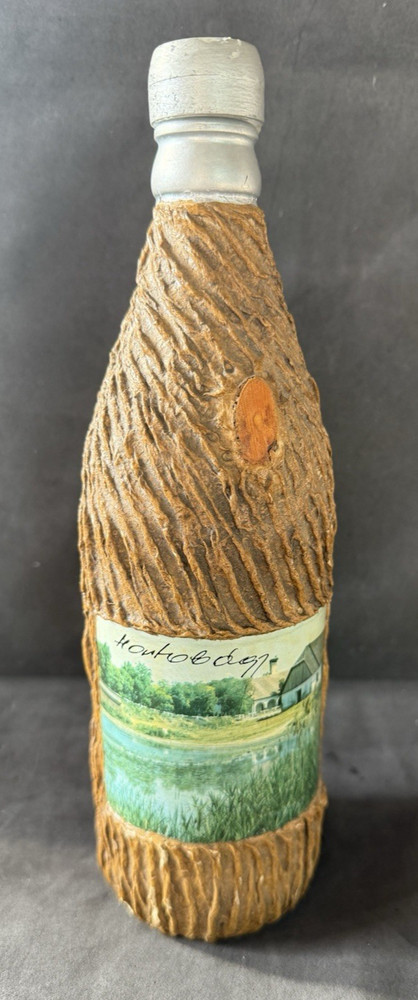 Hungarian Hortobagy Scene Wine Bottle Faux Bark Wood Covered Bottle Used Vintage