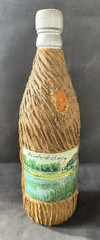 Hungarian Hortobagy Scene Wine Bottle Faux Bark Wood Covered Bottle Used Vintage