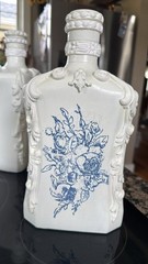 Vtg upcycle style French Country Glass Decanter Bottles White Blue Toile Decor