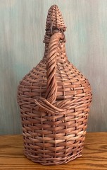 Antique Wicker Wrapped One Gal. Aqua Wine/Rum Demijohn Glass Jug w/ Cap