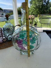 Set Of 3 Glass Embossed Grape Motif WINE Bottles With Basket Corks 7.75” To 9.5”